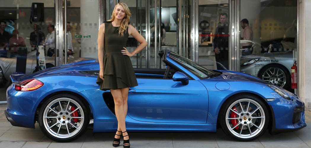 LONDON, ENGLAND - JUNE 25:  Maria Sharapova drops in at Porsche Mayfair to go for a spin in the UK’s only brand new Porsche Boxster Spyder, on her way to the WTA Pre-Wimbledon Party at Kensington Roof Gardens. June 25, 2015 in London, England.  (Photo by David M. Benett/Getty Images) *** Local caption*** Maria Sharapova