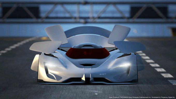 There are nine active aerodynamic panels, including an underbody splitter, that actively steer the SRT Tomahawk Vision Gran Turismo through the air and help the vehicle corner at extreme speeds.