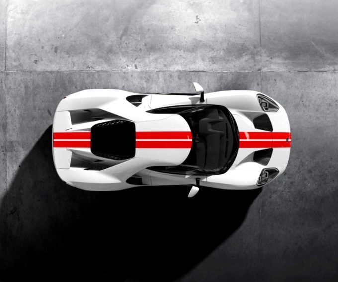 Frozen-White-Ford-GT-Race-Red-Stripe-Overhead