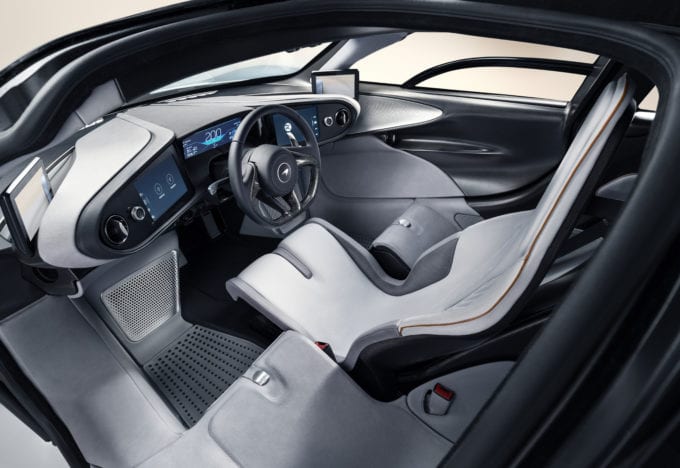 The driver sits center with passengers outboard in the McLaren Speedtail. 