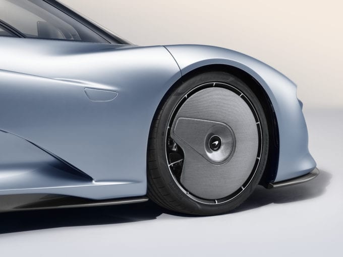 Massive brakes hide behind this fixed wheel cover on the McLaren Speedtail.