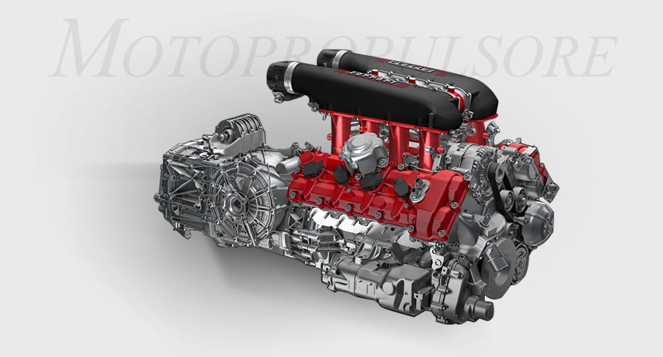 The Ferrari 488 Pista engine and transmission are packaged into a small space. 