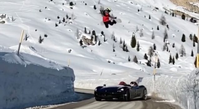 Snowboarder Jumps Over One of the Rarest Ferraris