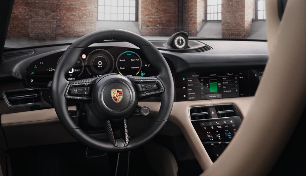 The Sport Chrono package is a prominent feature of all top-level Porsche Taycan. 